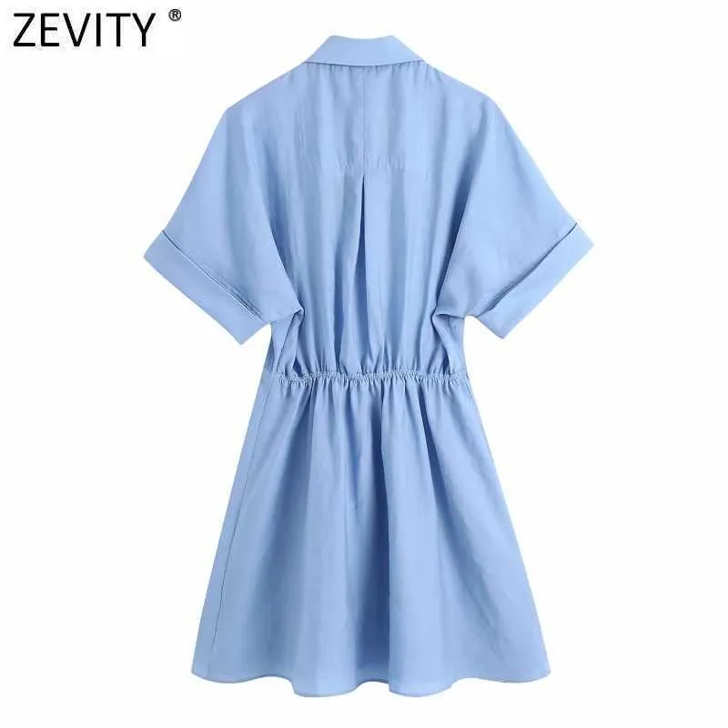 ZEVITY Women Fashion Pocket Patch Solid Color Casual Slim Shirt Dress Office Lady Elastic Waist Breasted Business Vestido DS8324 210603