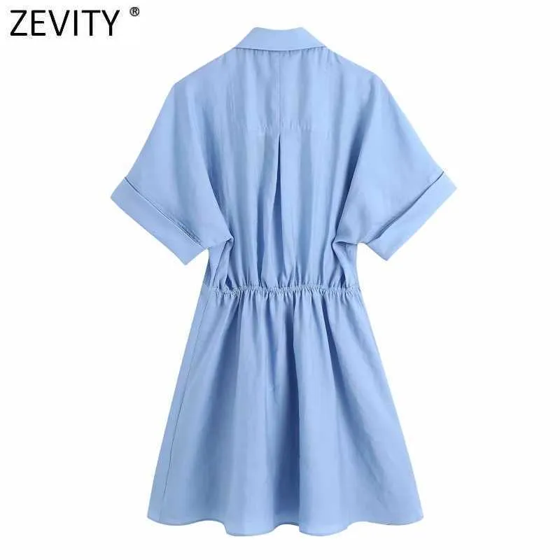 Zevity Womenファッションポケットパッチソリッドカラーカジュアルスリムシャツドレスオフィスレディ弾性ウエストブレストビジネスvestido ds8324 210603