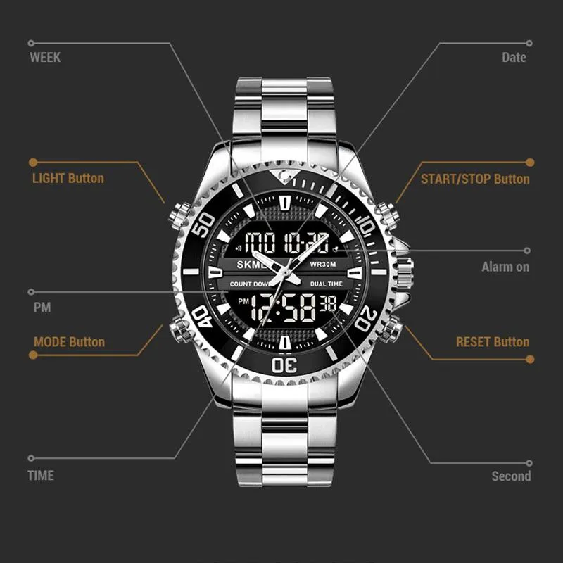Zegarek wojskowy 3 czas Wyświetlacz Dual Ruch Sport Watches Męskie Stopwatch Data Barm Blockwatch Relogio Masculino Skme2347
