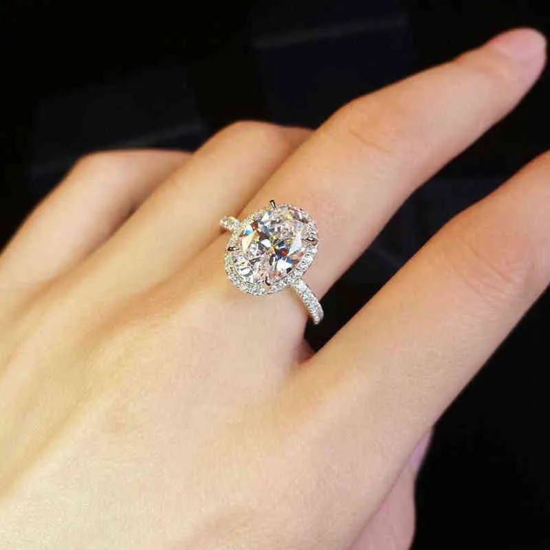 Dimingke 10 * 14 мм в форме яиц в форме яйцевидного розового алмаза обручальное кольцо S925 стерлингового серебра женские украшения 211217