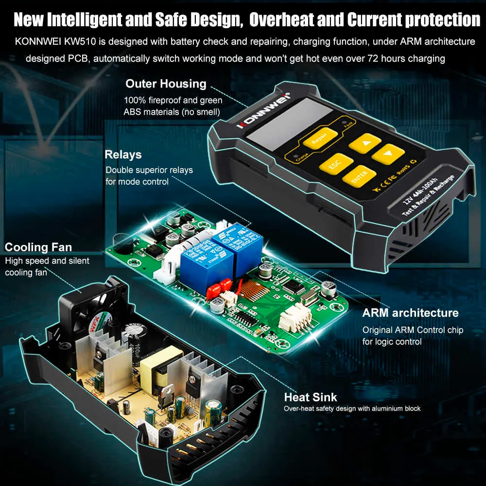 Инструменты диагностики Knnwei KW510 12V 5A Полный Автоматический Автоматический аккумуляторный тестер импульс Ремонт зарядное устройство мокрой сухой свинцовой кислоты автомобильный аккумулятор ремонт инструмент AGM GEL