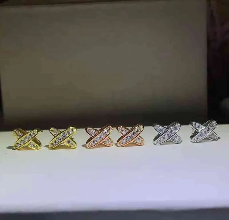 새로운 Xiaoshangjia 925 Sterling Silver Plated 18K Gold Shangjia Inlaid X Letter Earrings Full Diamond Earrings9957067