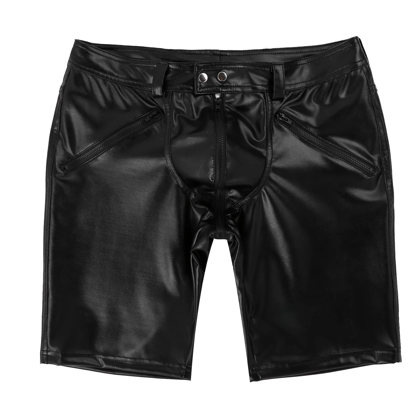 Pantaloni centrali in pelle sexy da uomo Rave Chiusura con cerniera completa Moto Punk Jockstraps Bulge Pouch Pantaloncini moda Clubwear Costumi C0222
