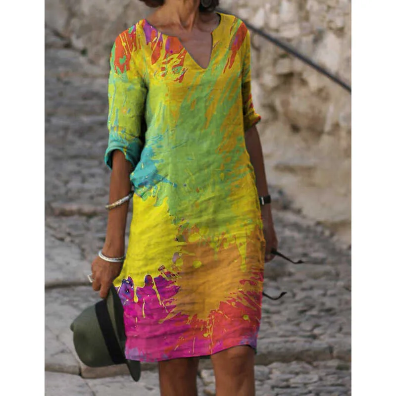 Zarif Vintage Çizgili Baskılı Diz Elbiseleri kadın Giyim 2021 Yeni Sonbahar Moda V Yaka Gevşek Boy Günlük Elbise Bayanlar Y1006