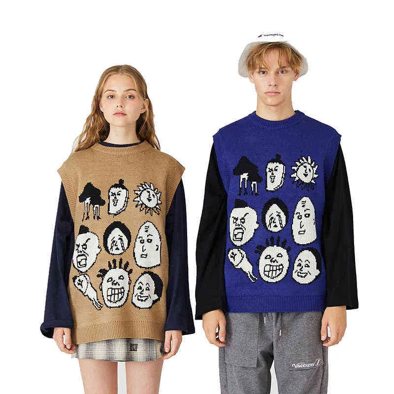 Japoński Harajuku Dzianiny Kamizelka graficzna dla mężczyzn i kobiet Urban Streetwear Dzianiny Ukiyo-E sweter sweter kamizelka plus rozmiar 211215
