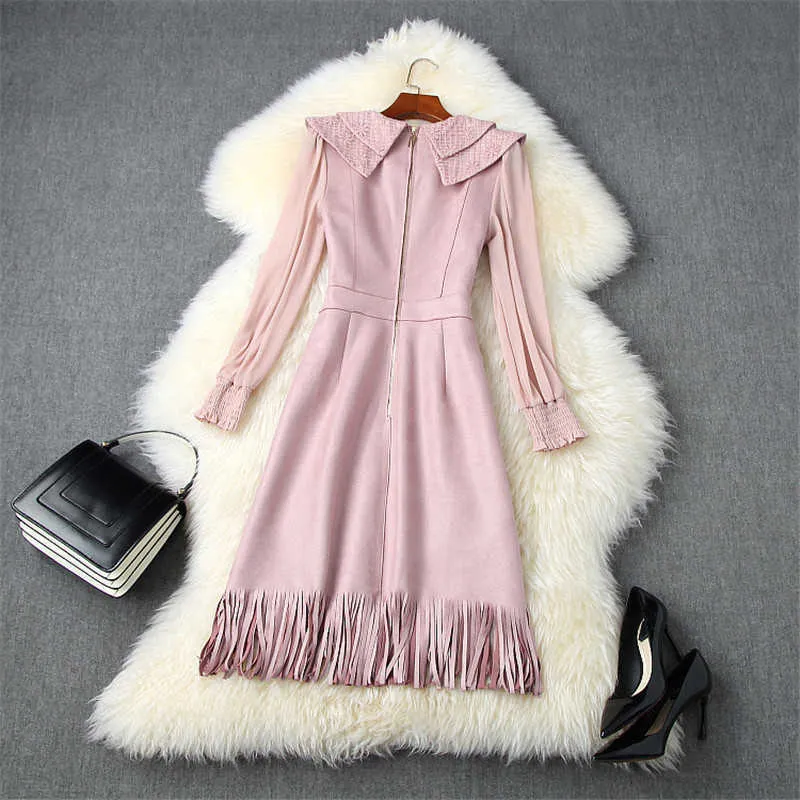 Fashion Designer Runway Autumn Winter Women Clothes Elegant Long Sleeve Embroidery Collar Tassel Suede Leather Dress 210601