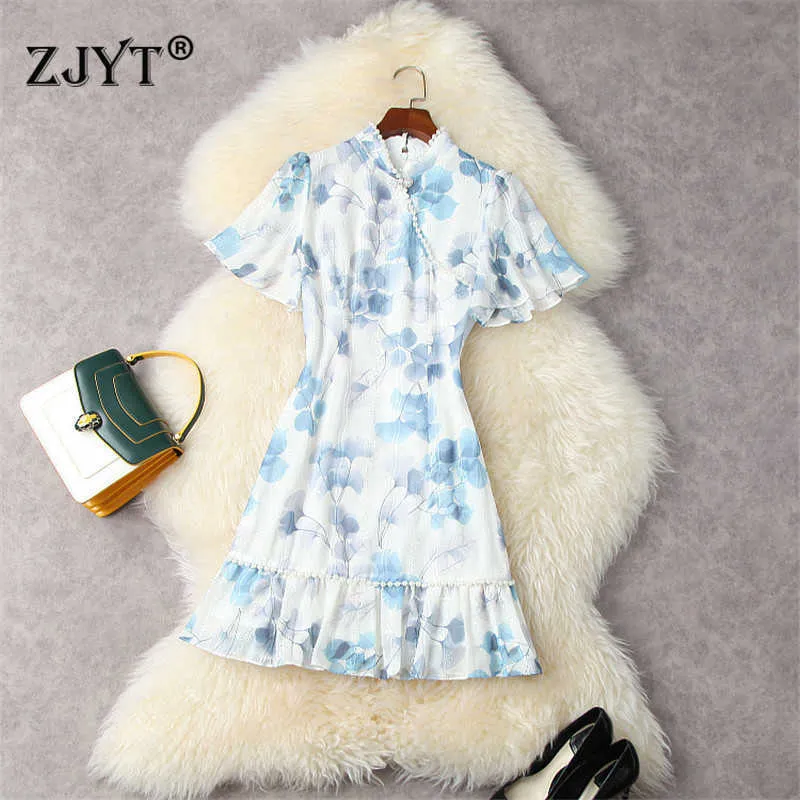 Chiński styl z krótkim rękawem Perły Drukuj Kwiatowy Cheongsam Lato Damska Dress Moda Vintage Party Robe Femme Casual 210601