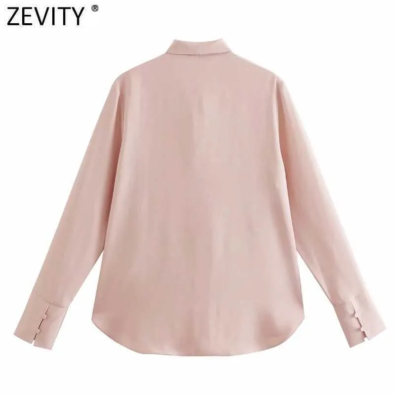 Zevity kvinnor elegant båge bundet krage solid smock blus kontor damer casual tröjor chic business kimono blusas toppar ls7660 210603