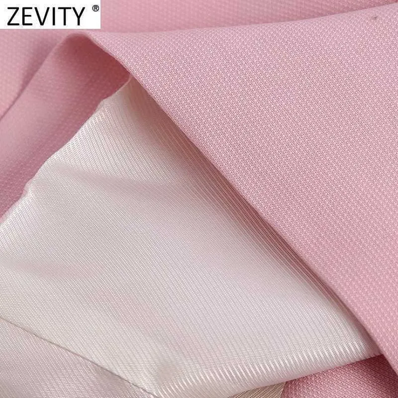 Zevity Women Elegant Double Breasted Casual Pink Blazer Coat Vintage Long Sleeve Suits Female Outerwear Chic Business Tops CT701 210927