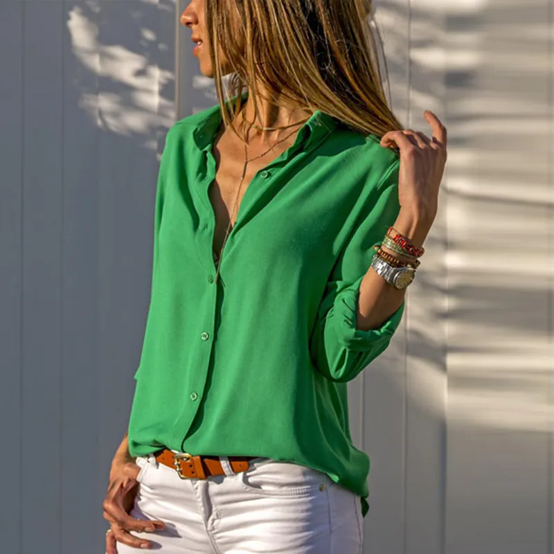 Design White Blouses Women Turn Down Collar Basic Button Solid Summer Long Sleeve Shirt Elegant Chiffon Office Lady Slim Plus Si