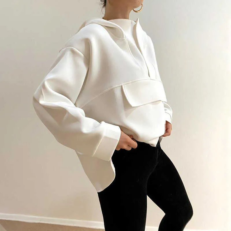 Insta moda mujer sudaderas con capucha de gran tamaño dobladillo asimétrico sólido negro blanco otoño sudadera ropa informal suelta con capucha pulóver Tops 210813