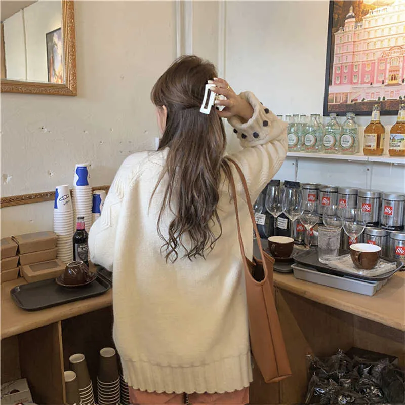 PERHAPS U Purple Beige Sweater O Neck Knitted Pullovers Long Sleeve Winter Autumn Solid Warm Cable Balls M0436 210529