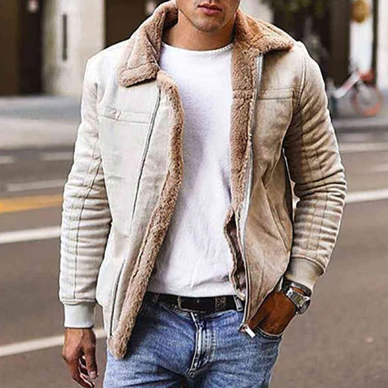 Winter Solid Warm Velvet Long Sleeve Composite Jackets Coat Men Vintage Turn-down Collar Zip-up Coats Men's Fashion Streetwear 211223