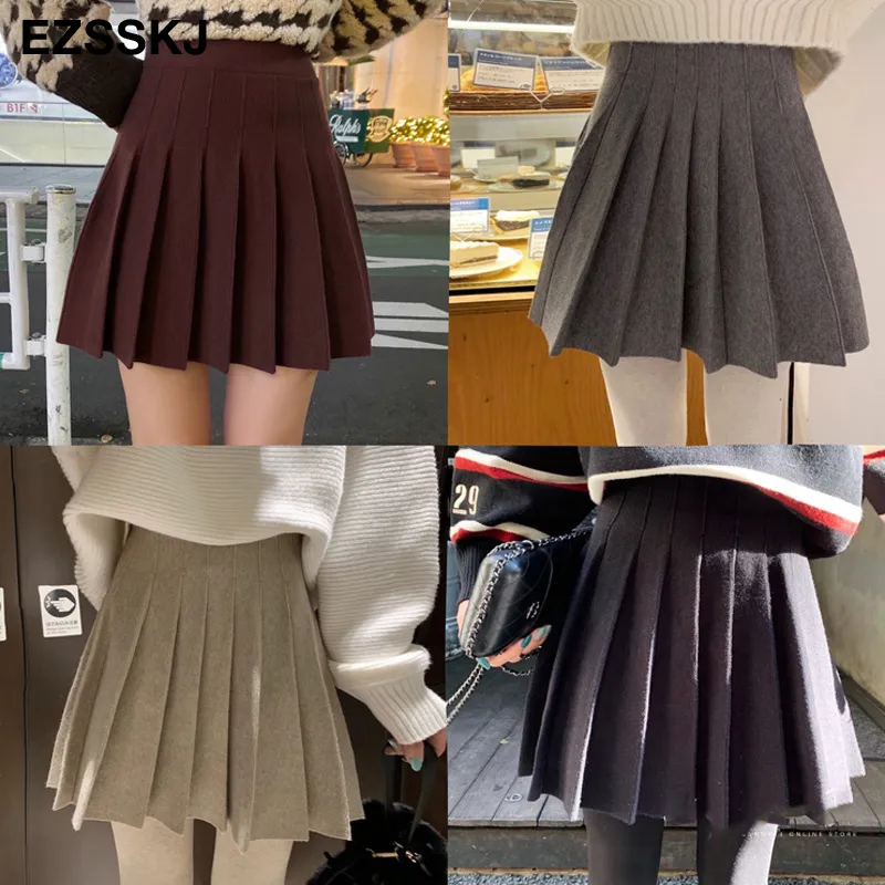 Jesienna zima A-line gruba krótka spódnica w swetrze kobiety dobra jakość urocza plisowana mini spódnica żeńska elegancka dzianinowa spódnica 210315