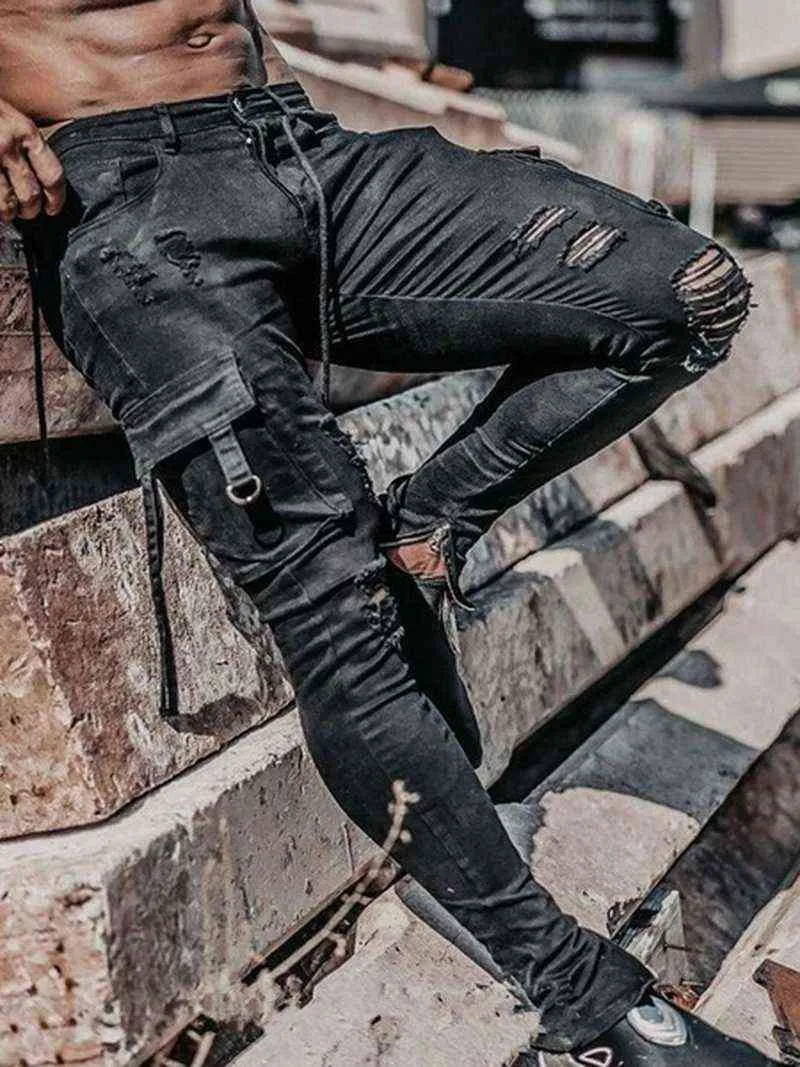 Homens jeans cordão cintura alta desighner jean calças outono mens motociclista reto jeans hetereia lavado buraco calças preta 211120