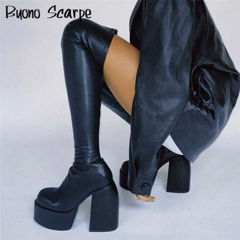 Punk Style Platform Boots Elastic Microfiber Shoes Woman Spice Ankle Boots High Heels Black Thick Platform Long Knee High Boots Y0914
