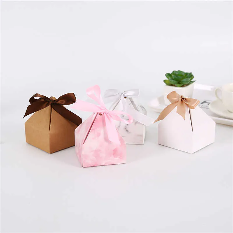 Stobag 7 * 7 * 3.5cm boîte de forme de diamant de mariage anniversaire bonbons chocolat emballage marbre événement faveur avec ruban cadeau 210602