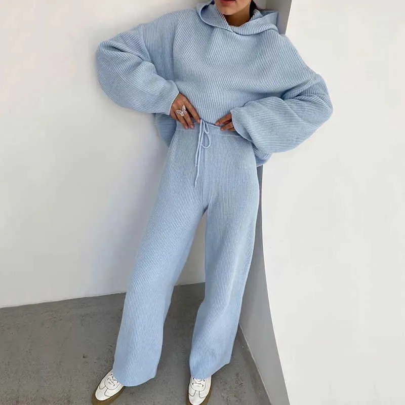 Mode Frauen Weiche Homewear Solide Zweiteilige Set Elegante Mit Kapuze Tops Und Casual Lace-up Hosen 2021 Frühling Herbst pyjamas Homesuit Y0625