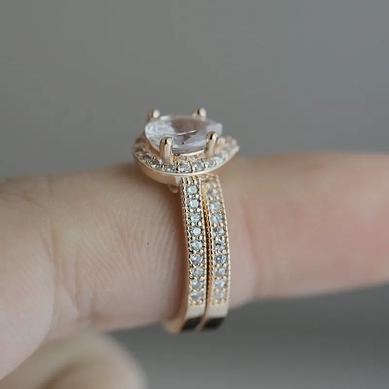 Модное розовое золото, новый дизайн, 2 шт., женское обручальное кольцо с CZ, Set4242534