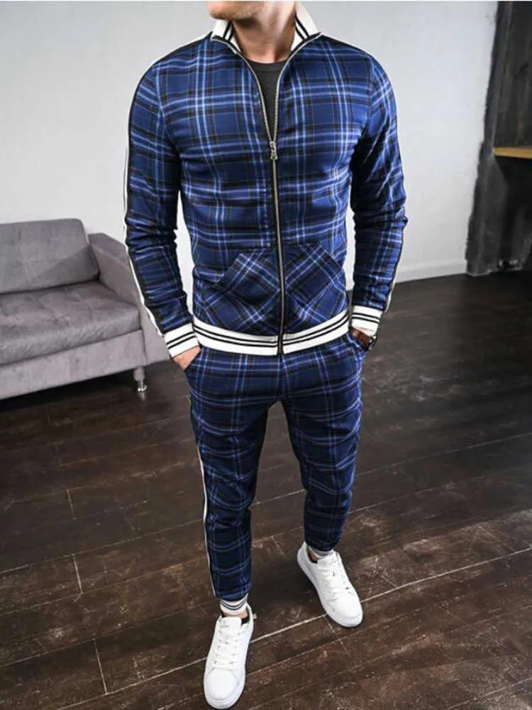 2021 Vår Höst Nya Män Tunna Sektion Mode Trend Slim Plaid High Street Sport Standup Collar Zipper Jacket två-bitars kostym x0610