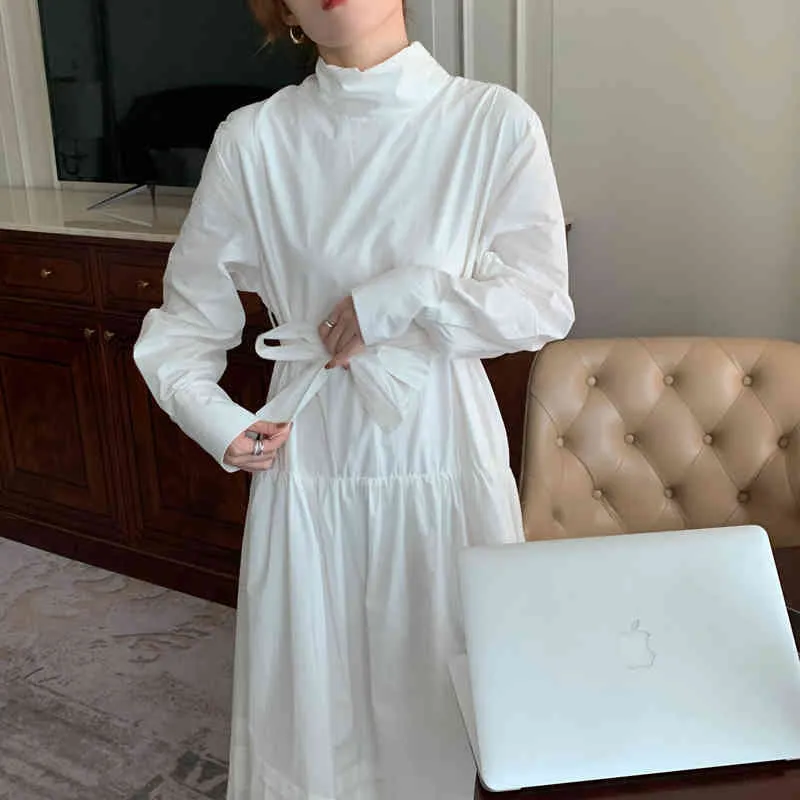 Biała Kobieta Chic Kobiety Retro Solid Fashion Clothe Delikatne Eleganckie Loose Brief All Match Lady Długa sukienka 210525