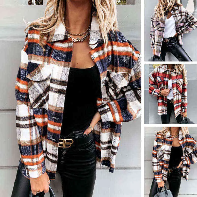 Jesień Long Plaid Jacket Damska Płaszcz Overshirt Winter Checkered Kobieta Rękaw Koszula dla 211029