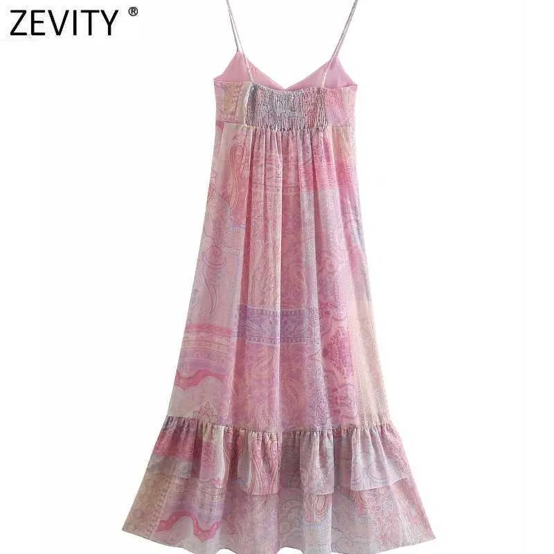 Zevity Femmes Vintage Paisley Imprimé Floral Hem Ourk Pliante Robe Sling Robe Boho Femme Chic Back Back Élastique Midi Vestido DS8247 210603