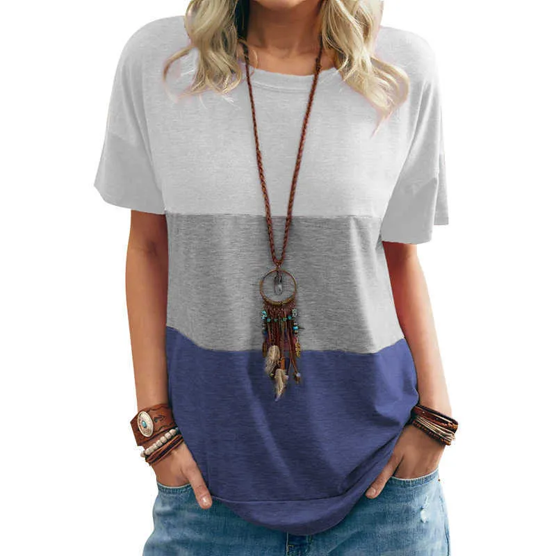 Femmes Summer Color Block Tops Tee Casual Manches courtes T-shirts Loose Top Pull Dames O-Cou Rayé Patchwork Tee Y0629