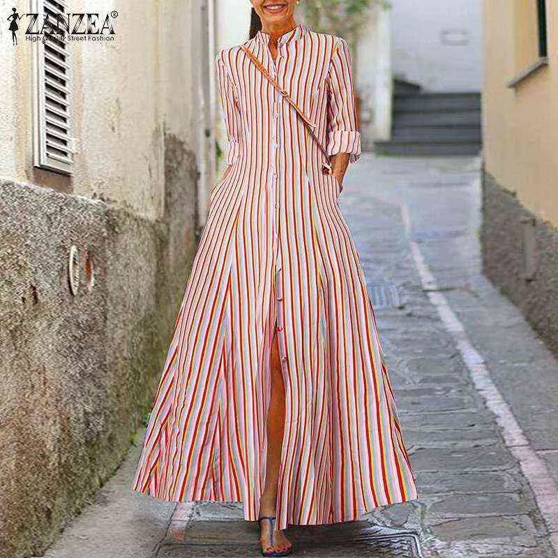 Vestido de piso de otoño para mujer 2021 Moda Vestido de impresión a rayas ZANZEA Francés elegante una línea Robe Longue Lady Holiday Shirt Vestidos Y1204