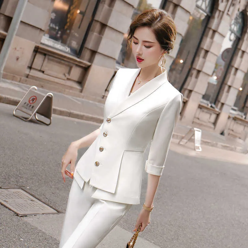 Haute qualité décontracté femmes costume pantalon deux pièces ensemble été élégant dames blanc blazer veste tenue d'affaires 210709