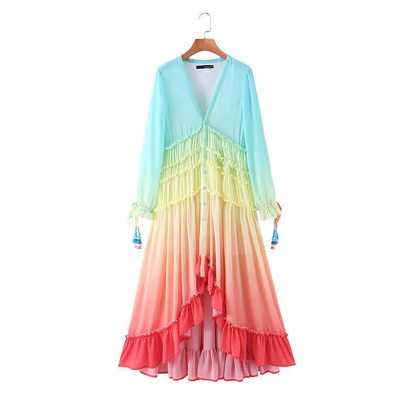 Chiffon Rainbow Bohemian Dress V-neck Long Sleeve Vintage Plus Size Maxi Kaftan Beach Summer Tunic Cover up A254 210722