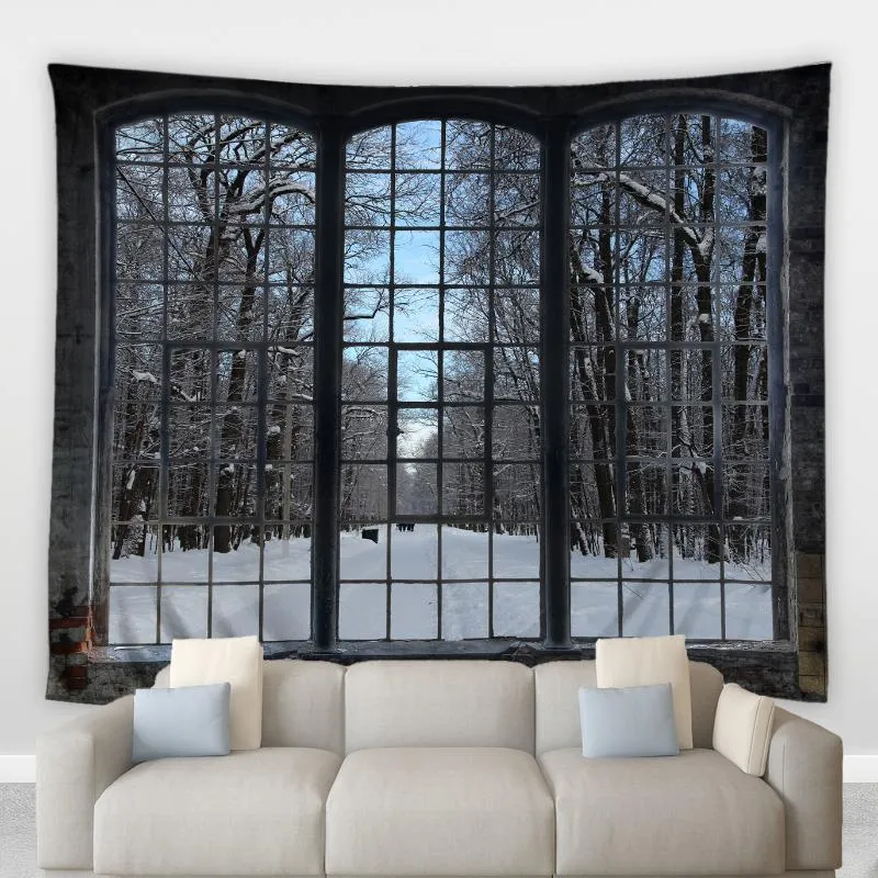 Arazzi Retro Vintage Arazzo finestre Bianco Snowland Foresta Albero Scenario invernale Soggiorno Camera da letto Murale Coperte da comodino Muro Hang250O