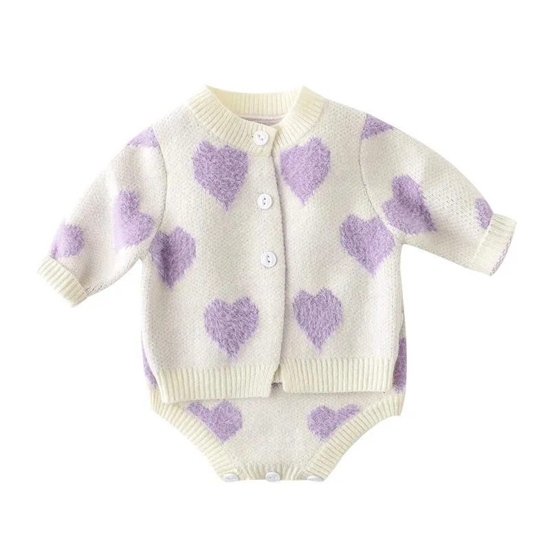 Newborn Infant Girls Knitted Clothing Set Love Jacquard Jacket Coat With Suspenders Short Pants Romper Wool Sweater Two-Piece Soft Outfits
