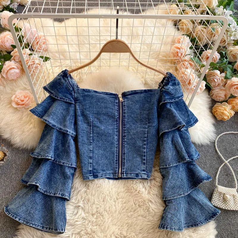 Slim set vintage oversize oversize blu o collo arruffato denim blusa camicetta con cerniera crop top in vita flare pantaloni jeans moda primavera vestiti 210610