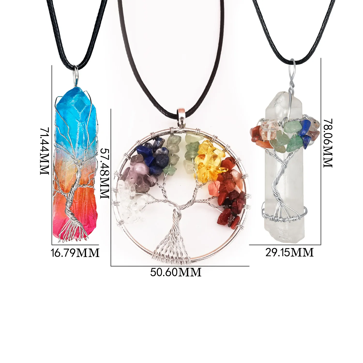 3 pezzi Ciondolo albero della vita Collana di cristallo di quarzo Chakra Pietra preziosa Rame Argento Avvolgimento di filo2563