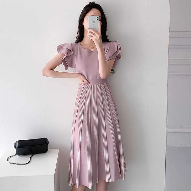 Korejpaa Women Dress Summer Korea Elegant Temperament Double Layer Lotus Leaf Sleeve Slim Stitching Pleated Knitted Vestido 210526