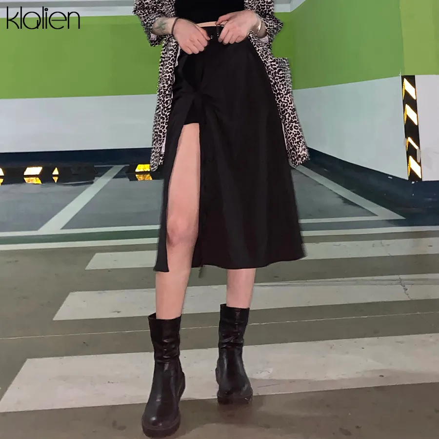 クラリエンファッションハイウエストブラックミディスカート女性サマーストリートウェアカジュアルスプリットヘム非対称ロングスカートレディース210315