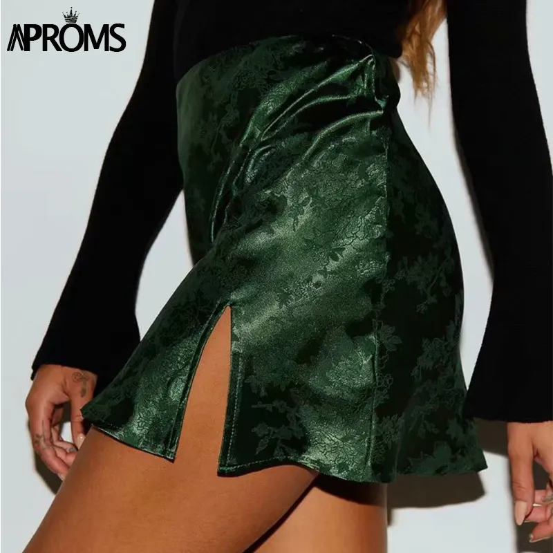 Aproms Soft Satin Side Split Black Mini Skirts Women Summer Floral High Waist A-line Short Skirt Female Back Zipper Bottoms 210306