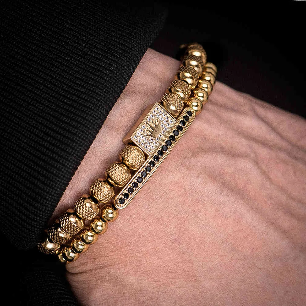 Set Charm Perles en acier inoxydable Gold Set Luxury S for Men CZ Zircon Crown Bracelet252a
