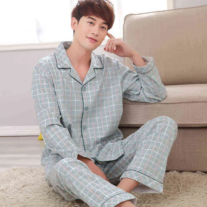 100% katoen pijama voor mannen geruite herfst winter nachtkleding pyjama pyjama set 3xl casual gestreepte mannelijke homewear home kleding 211111