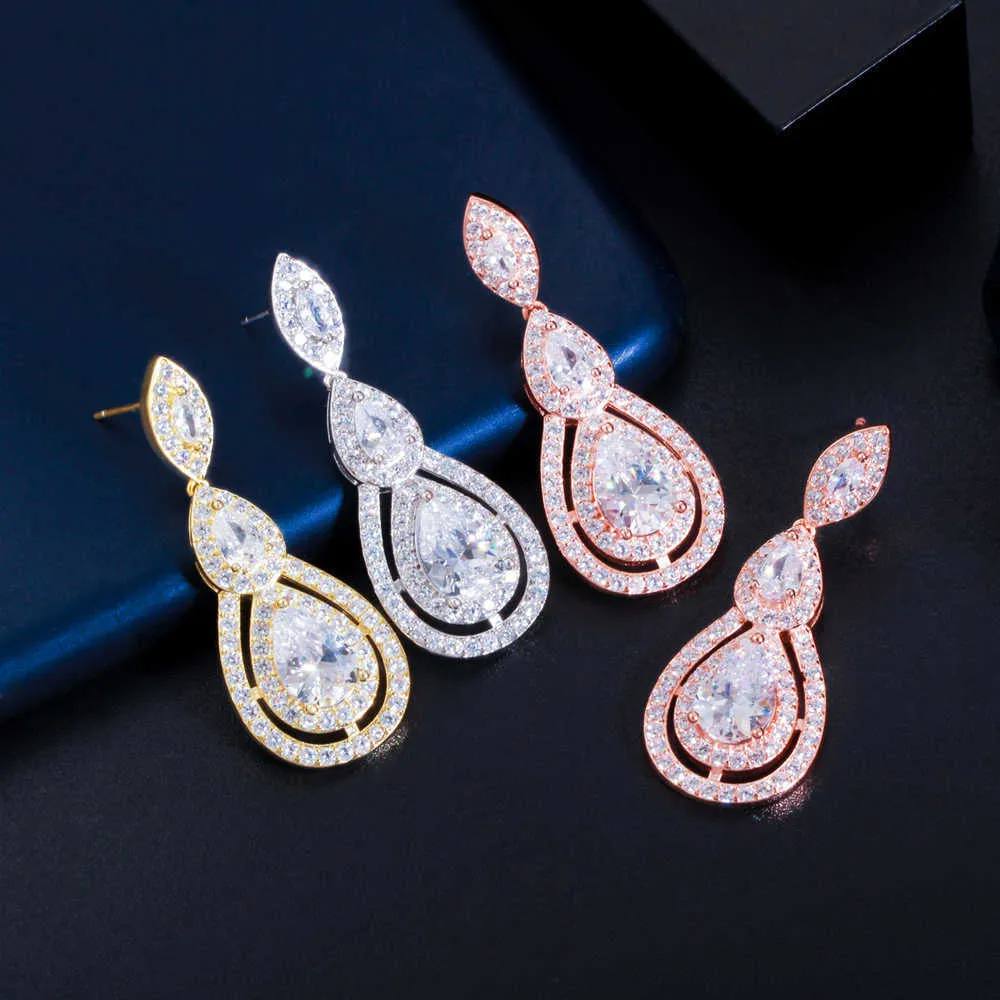 Shiny White Cubic Zirconia Water Drop Earrings for Brides Wedding Evening Party Costume Jewelry Accessories CZ904 210714