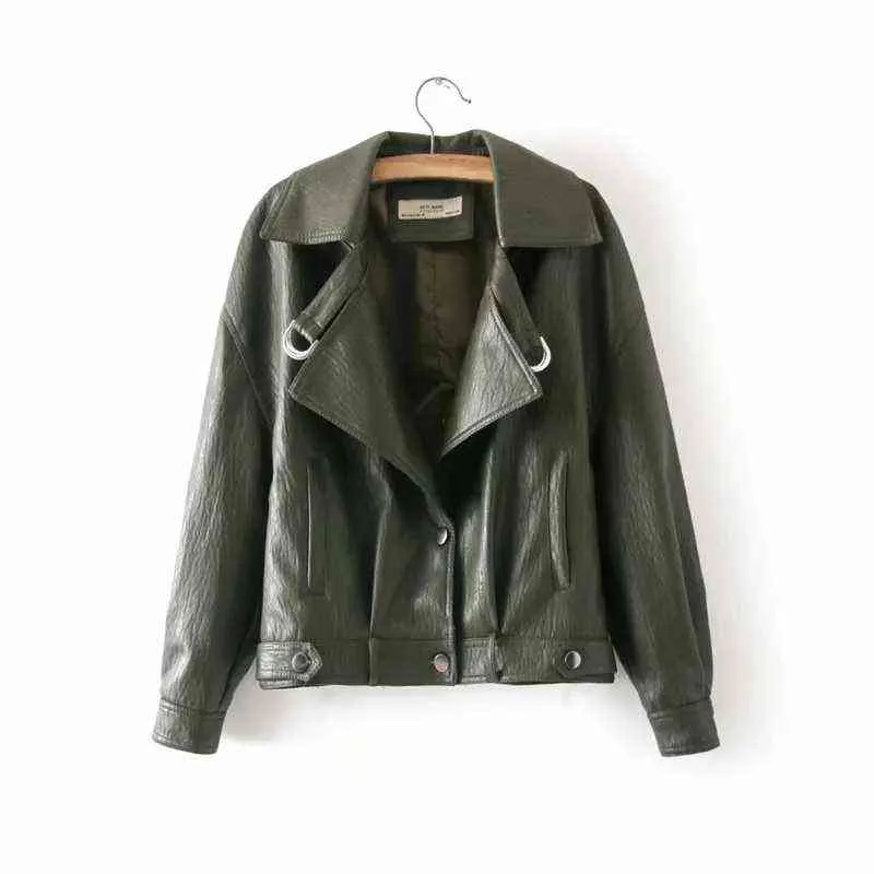 women faux leather jacket women long sleeve green PU coat Streetwear Punk motorcycle jacket casual ladies outwear 211110