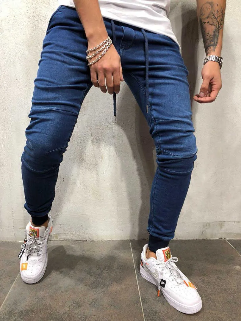 A calça jeans mais barata de trabalho calças skinny jeans slim encaixe rasgado grande e alto alongamento azul para homens afligidos elásticos wais x0621