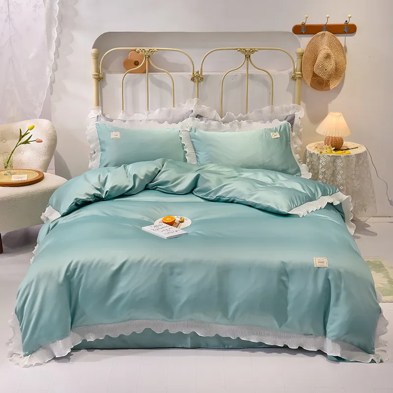 Simples cetim laço sólido colorido conjunto de cama nórdico capa de edredão rainha king 220x240 roupa de cama folha de linho conjunto de quilt