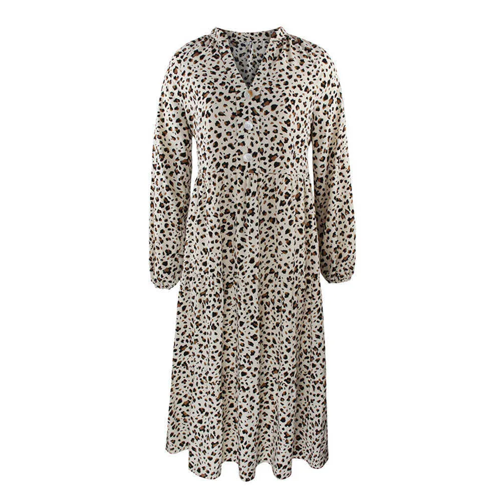 Wiosna Długi Rękaw Midi Sukienka Kobiety Letni Leopard Drukuj Loose White Green Casual Dresses 2021 Moda Odzież damska Elegancka Y0603
