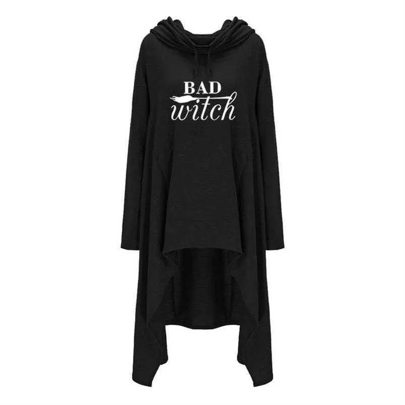 Femmes Sweats à capuche Longue Irrégulière Mauvaise Sorcière Tops Kawaii Femmes Sweatshirts Motif Drôle Coton Recadrée Oversize Sweats à capuche Robe 210816