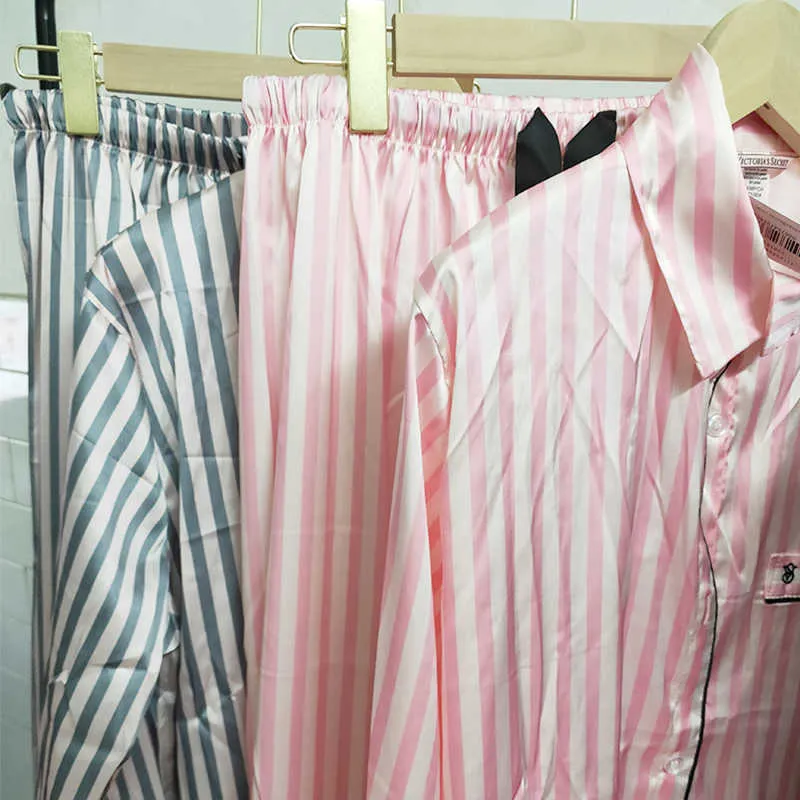 Satynowe piżamy dla kobiet z długim rękawem w paski PJAMAS pjamas śluba 2 sztuki zestaw sal w domu ubrania rok prezent urodzinowy 210809