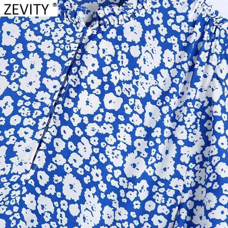 Zevity Femmes Vintage Bleu Floral Imprimer Casual Une Ligne Midi Robe Femme Agaric Dentelle Chic À Manches Courtes Kimono Robes DS8377 210603