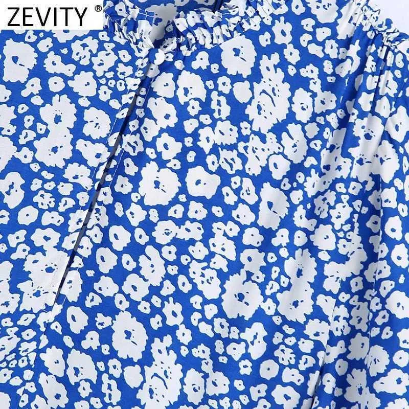 Zevity Women Vintage Blue Floral Print Casual A Line Midi Dress Female Agaric Lace Chic Short Sleeve Kimono Vestidos DS8377 210603