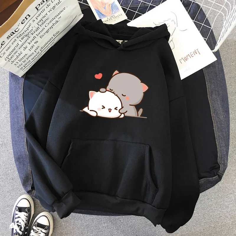 Pêche chat Kawaii vêtements esthétique à capuche mignon rose hauts surdimensionné sweat femmes dessin animé impression unisexe chaud Streetwear 220314